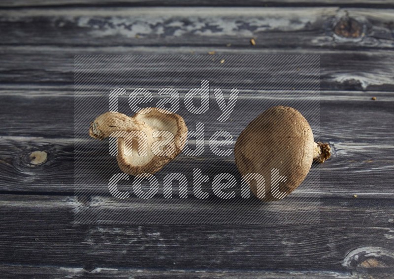 45 degree shiitake  mushrooms on a textured grey wooden background