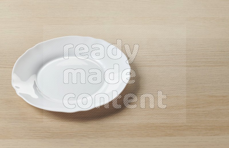 White Ceramic Circular Plate on Oak Wooden Flooring, 45 degrees