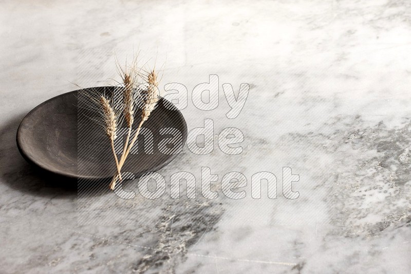 Wheat stalks on Black Pottery Plate on grey marble flooring, 45 degree angle