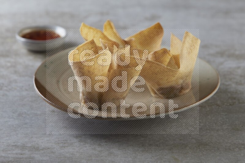 wonton cups with soy sauce ramkin on multi colored pottery on grey textured counter top
