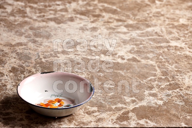 Vintage Metal Plate on Beige Marble Flooring, 45 degrees