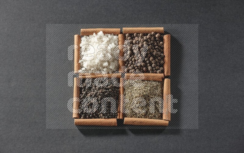 4 مربعات من عيدان القرفة ممتلئة بحبوب الفلفل الأسود والكمون وبهار الفلفل الحلو والملح الأبيض على أرضية سوداء