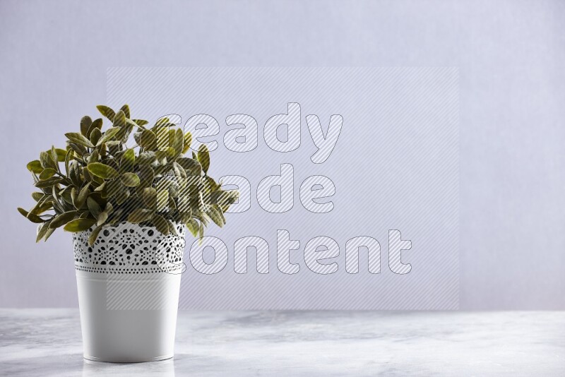 Green artificial plant in white decorative pot on grey marble background