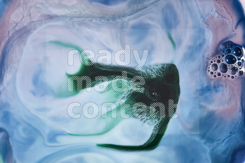 A close-up of abstract swirling patterns in blue, pink and green