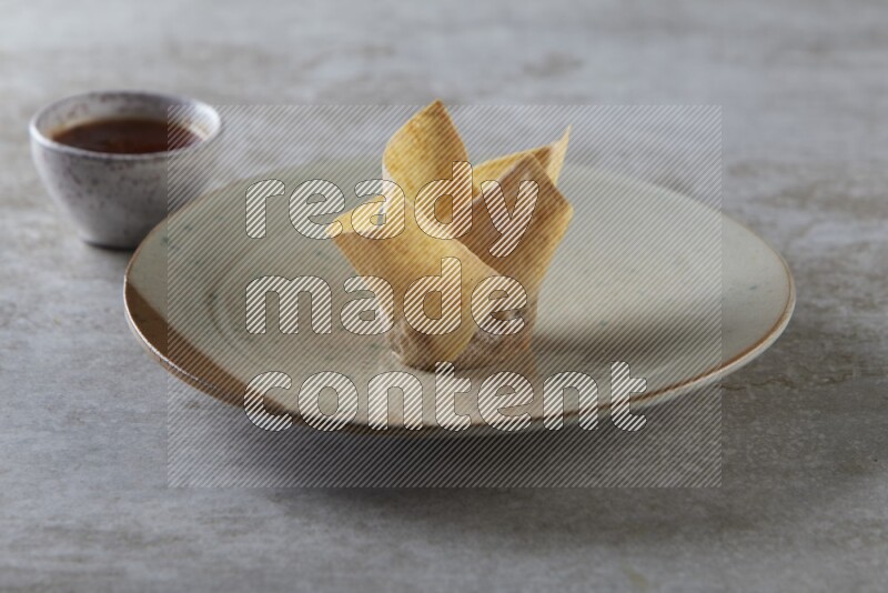wonton cups with soy sauce ramkin on multi colored pottery on grey textured counter top