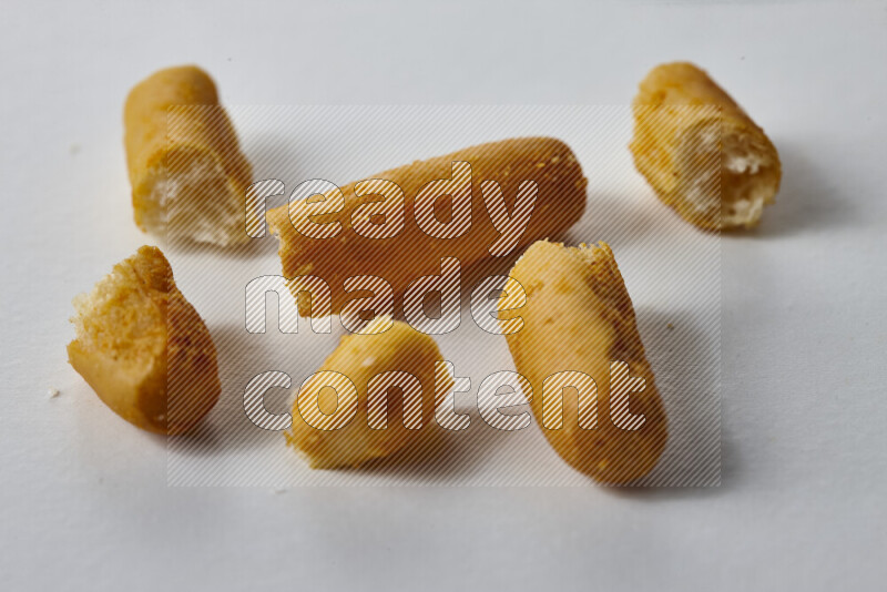 Assorted snacks on white background