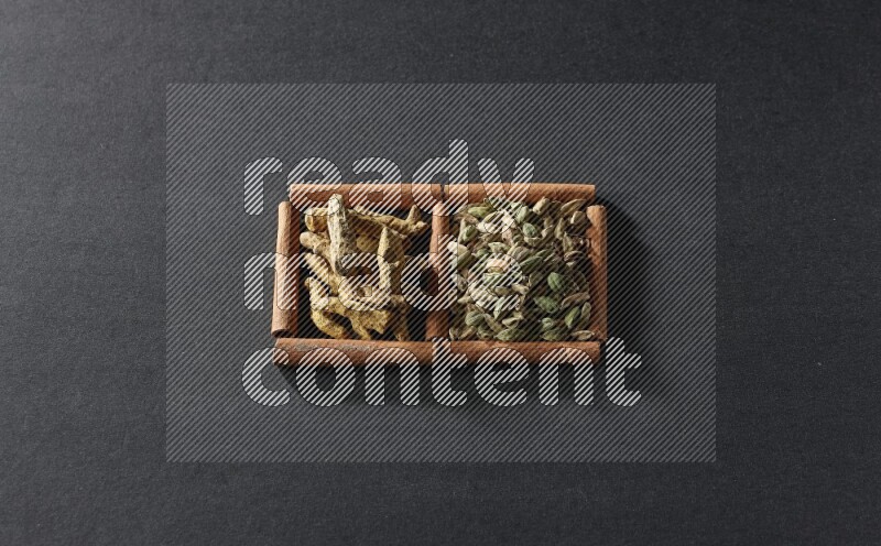 2 squares of cinnamon sticks full of cardamom and turmeric fingers on black flooring