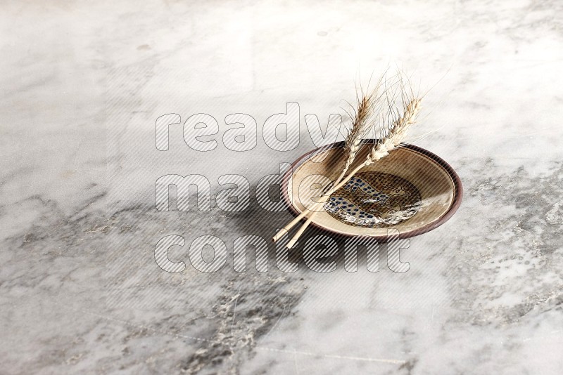 Wheat stalks on Decorative Pottery Plate on grey marble flooring, 45 degree angle