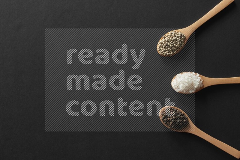 الفلفل الأبيض والقرنفل والهيل والملح والفلفل الأسود وريحان مجفف في معالق خشبية علي خلفية سوداء