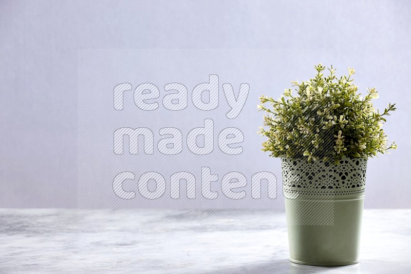Artificial Thyme Plant in Light Green Decorative Pot on Light Grey Marble Flooring 15 degree angle