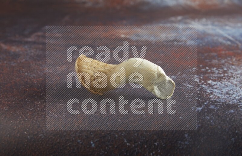 45 degre king oysters mushrooms on a textured reddish rustic metal background