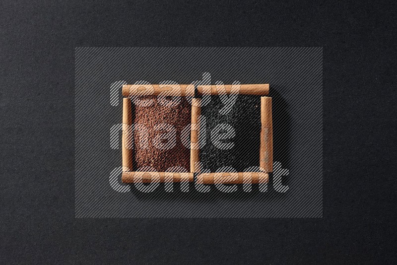 2 squares of cinnamon sticks full of garden cress and black seeds on black flooring