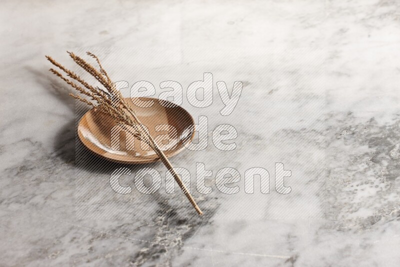 Wheat stalks on multicolored pottery plate on grey marble background