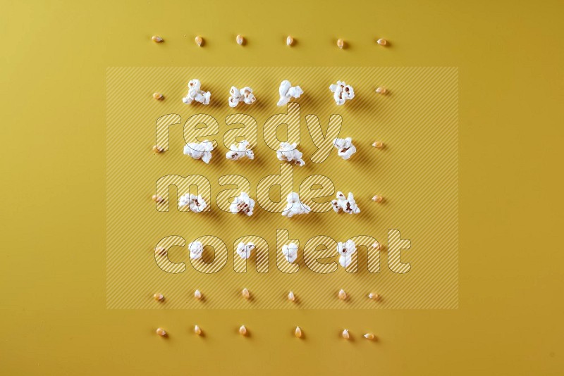 Popcorn flakes and seeds on a yellow background in different angles