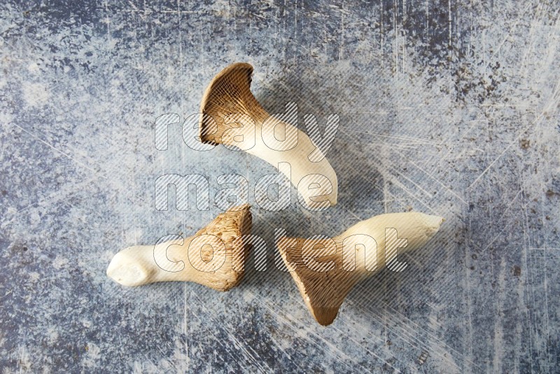 Fresh King oysters mushrooms topview  on a blue textured background