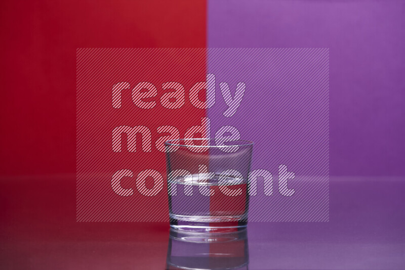 The image features a clear glassware filled with water, set against red and purple background