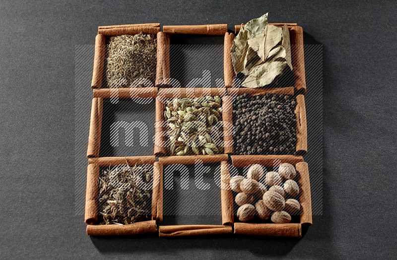 9 squares of cinnamon sticks full of cardamom in the middle surrounded by nutmeg, black pepper, bay laurel leaves, allspice, cumin, white pepper, dried basil and salt on black flooring