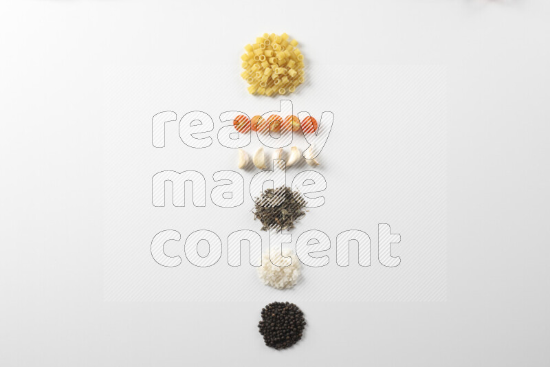 Red sauce pasta recipes ingredients on white background