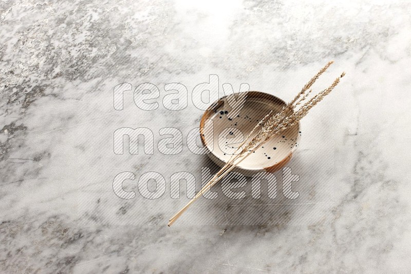 Wheat stalks on Multicolored Pottery Bowl on grey marble flooring, 45 degree angle