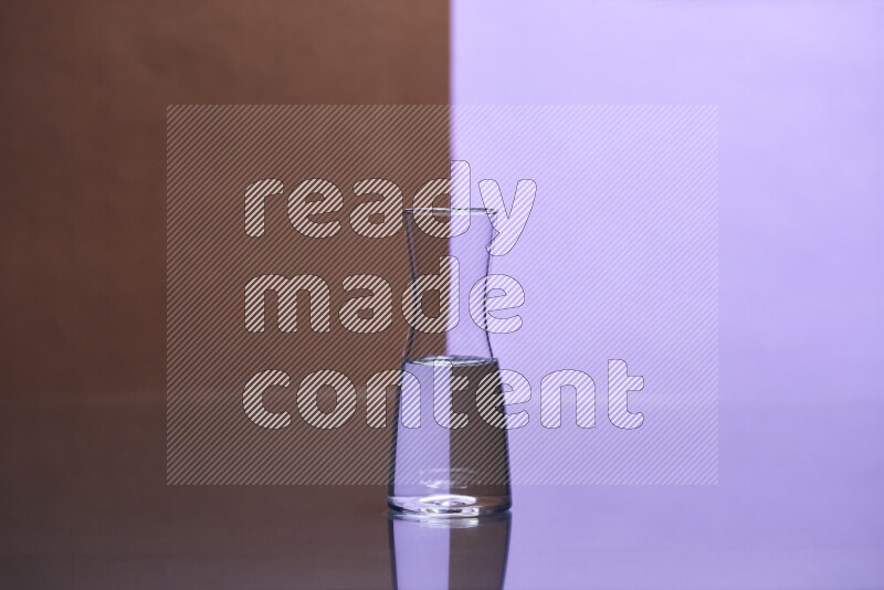 The image features a clear glassware filled with water, set against brown and light purple background