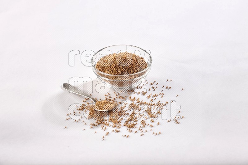A glass bowl and metal spoon full of mustard seeds on a white flooring