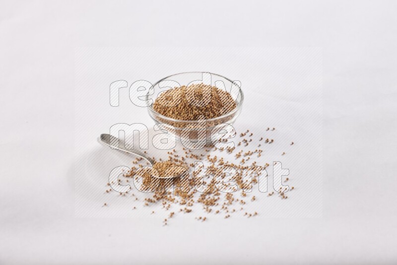 A glass bowl and metal spoon full of mustard seeds on a white flooring