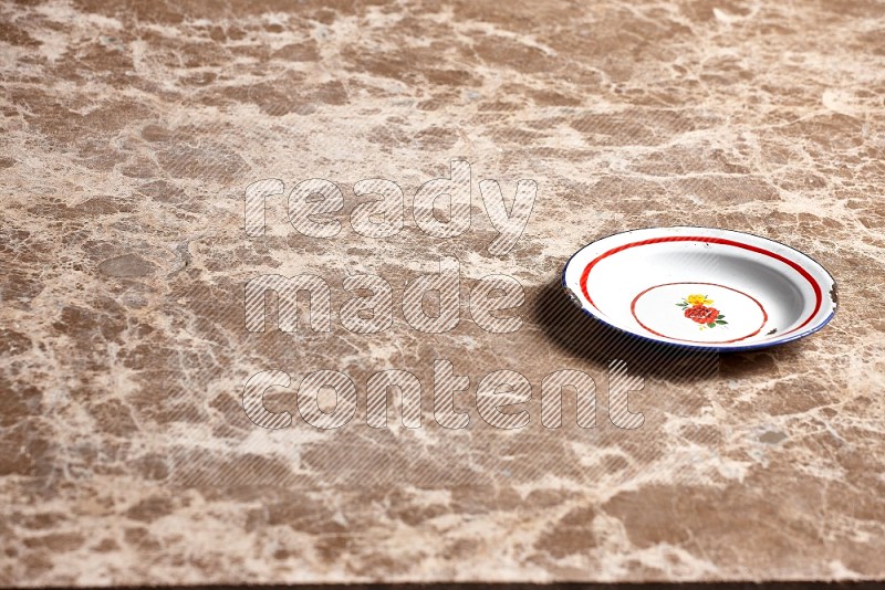 Vintage Metal Plate on Beige Marble Flooring, 45 degrees