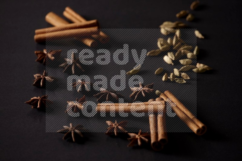 Cinnamon Sticks, Cardamom and star anise on a black background