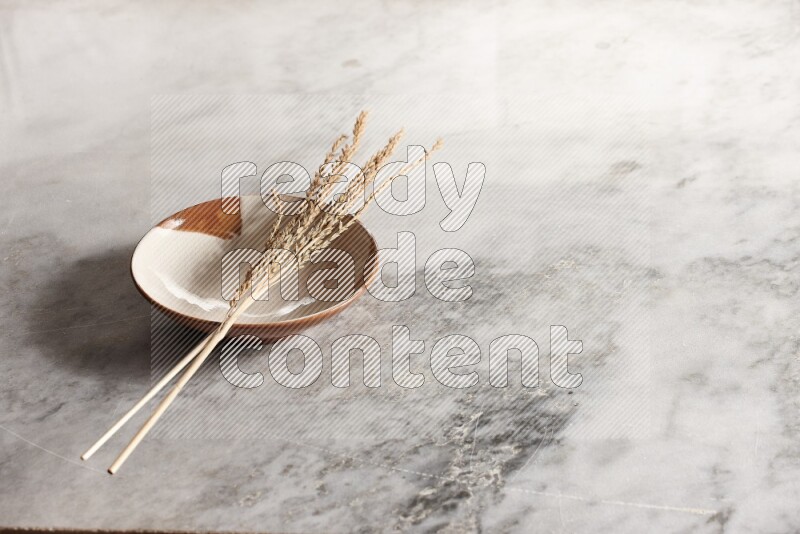 Wheat stalks on multicolored pottery plate on grey marble background