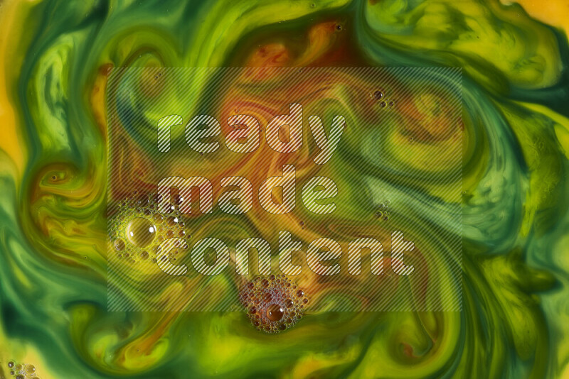 A close-up of abstract swirling patterns in orange, green and red