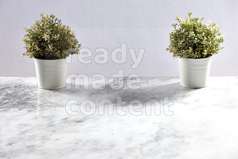 Two Artificial Plants in White Pot on Light Grey Marble Background 45 degree angle