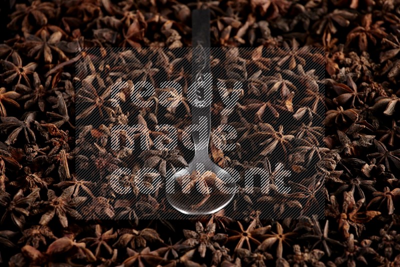 Star Anise in a metal spoon on more stars anise filling the frame on black flooring