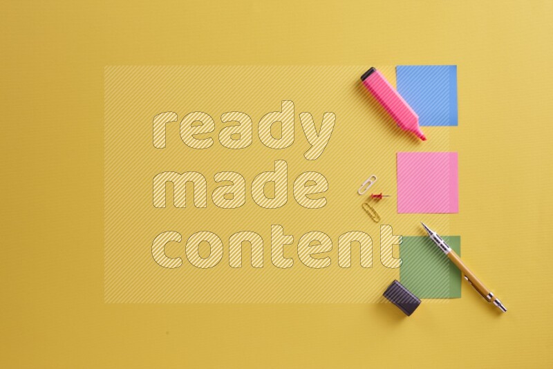 Multicolored sticky notes with school supplies on yellow background