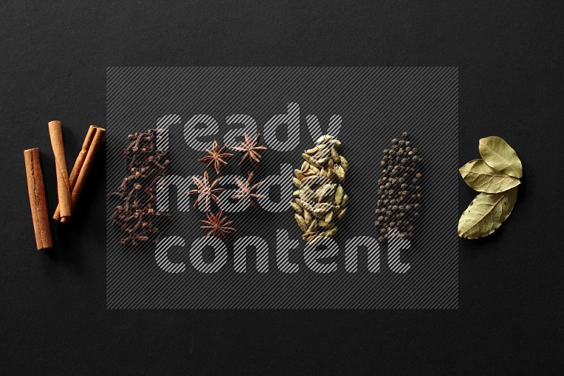 Cinnamon, cloves, star anise, cardamom, black peppers, laurel bay leaves lined on a black background