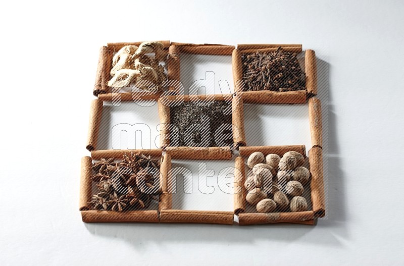 9 squares of cinnamon sticks full of tea in the middle surrounded by mint, ginger, cardamom, star anise, cinnamon, nutmeg, basil and cloves on white flooring