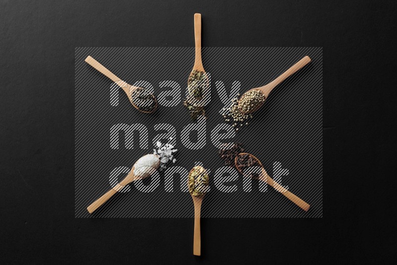 wooden spoons filled with white peppers, cloves, cardamom, salt, black peppers and basil on black flooring and shaped like a clock
