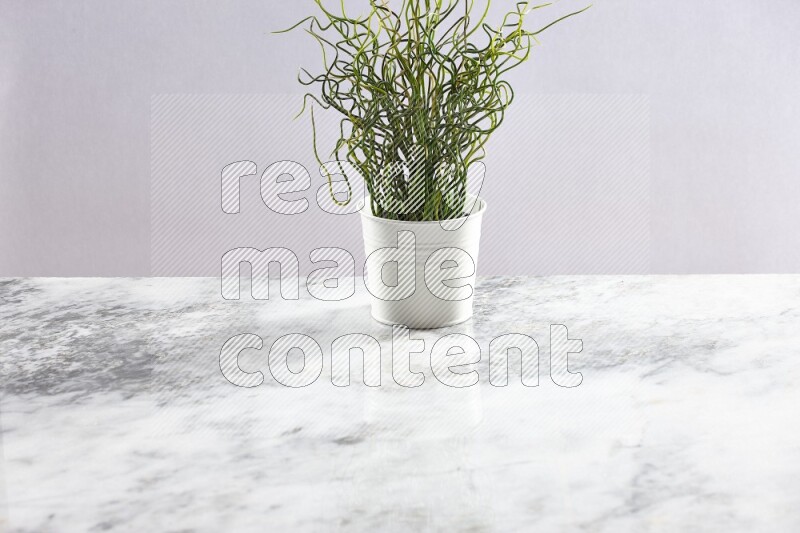 Green artificial plant in white pot on light grey marble background