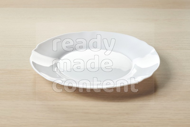 White Ceramic Circular Plate on Oak Wooden Flooring, 15 degrees