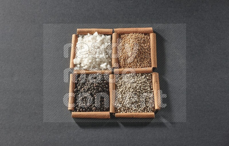 4 مربعات من عيدان القرفة ممتلئة بحبوب الفلفل الأسود والفلفل الأبيض والملح الأبيض وحبوب الخردل على أرضية سوداء