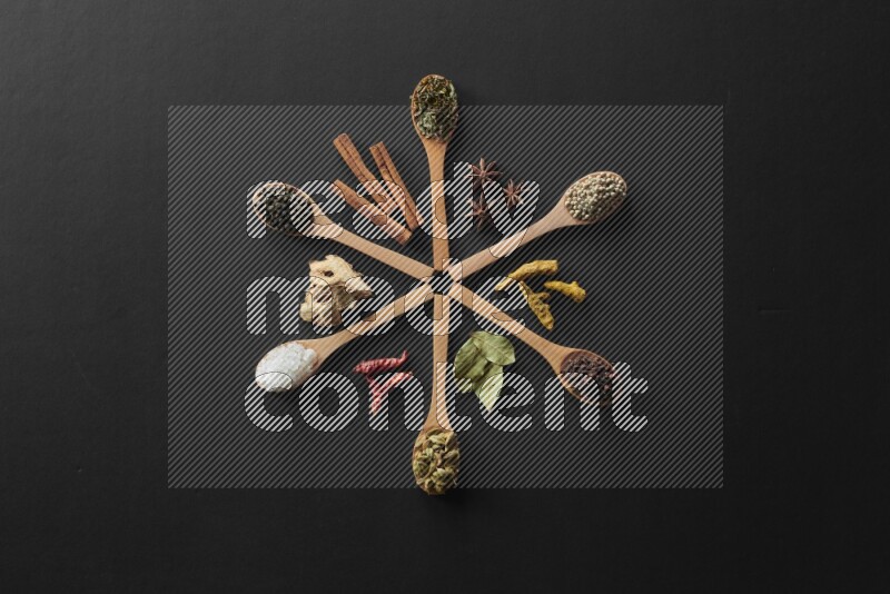 الفلفل الأبيض والقرنفل والهيل والملح والفلفل الأسود وريحان مجفف في معالق خشبية علي خلفية سوداء