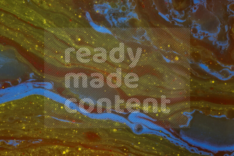 The image depicts a marbling effect with swirling patterns of red, blue and yellow