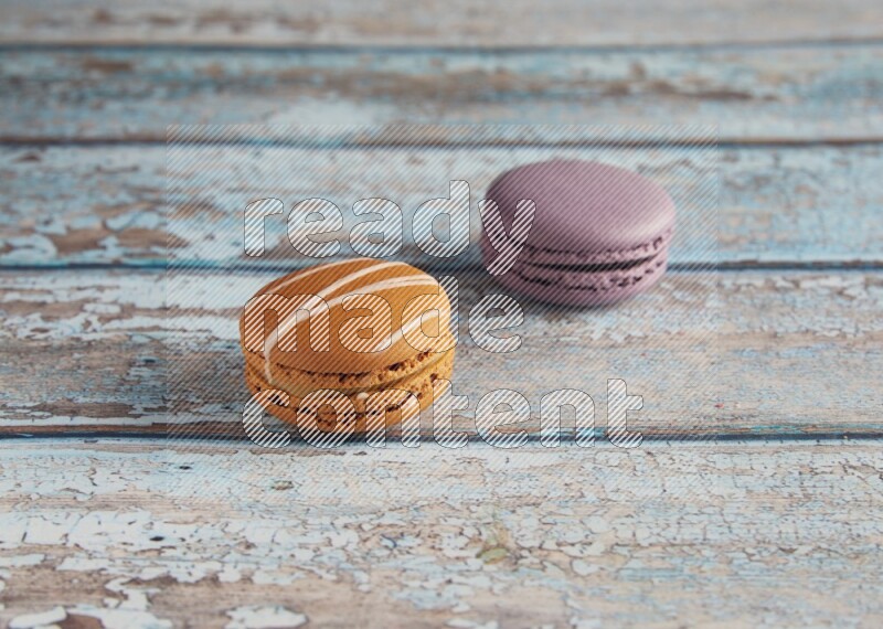 45º Shot of of two assorted Brown Irish Cream, and Purple Blueberry macarons  on light blue background