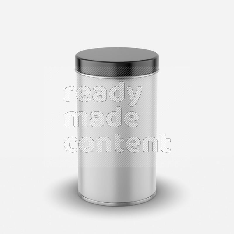 Glossy metal tin can mockup with black metal lid and label isolated on white background 3d rendering