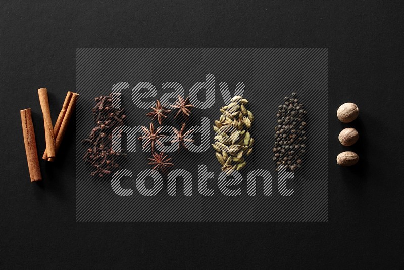 Cinnamon, cloves, star anise, cardamom, black pepper and nutmeg lined on a Black background