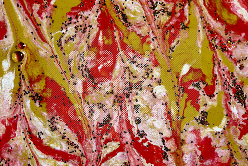 Abstract colorful background with mixed of red, white and gold paint colors with scattered gold glitter