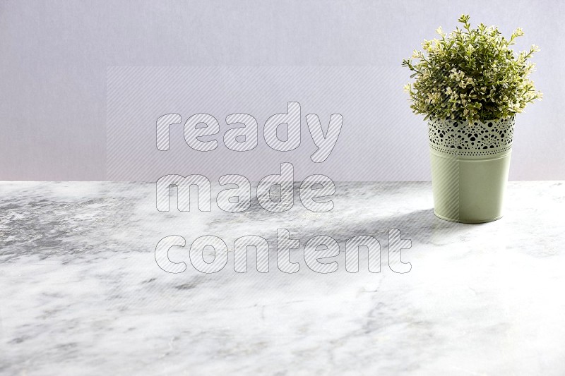 Artificial Thyme Plant in Light Green Decorative Pot on Light Grey Marble Background 45 degree angle