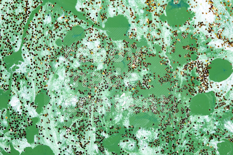 Abstract colorful background with mixed of green and white paint colors with scattered gold glitter