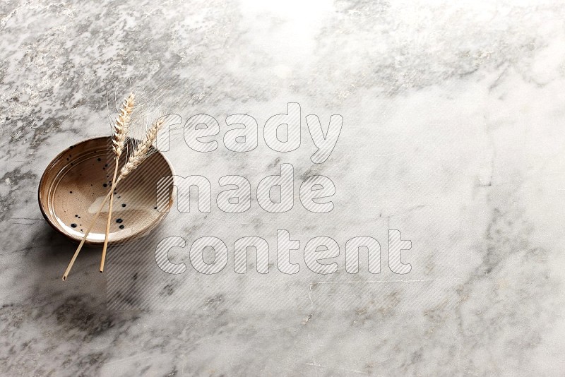 Wheat stalks on Multicolored Pottery Bowl on grey marble flooring, 45 degree angle