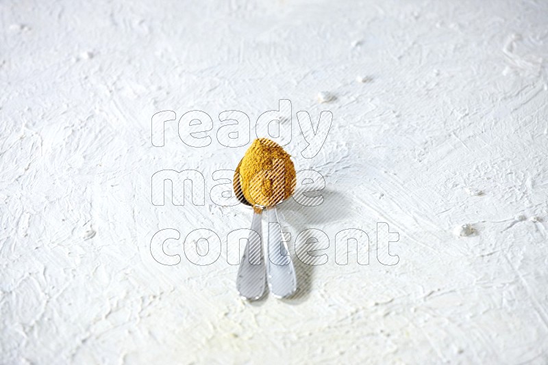 2 metal spoons full of turmeric powder on a textured white background