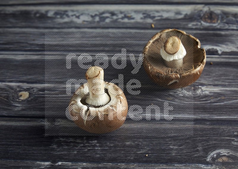 45 degree Cremini  mushrooms on a textured grey background